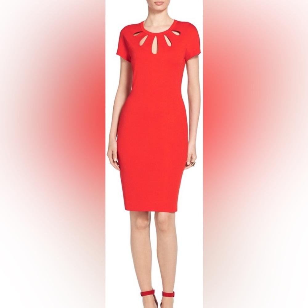 St. John Red Knit Cutout Sheath Cocktail Dress Short Sleeve Size 6 power red